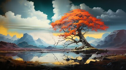Wall Mural - a lone tree with vibrant red leaves reflecting in a calm lake. In the background are majestic mountains and a sunset that gives the scenery warm golden hues