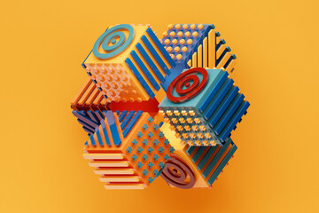 Poster - 3D rendering, abstract bright figure with various patterns, shapes and various lines. Colorful creative wallpaper with layered effect