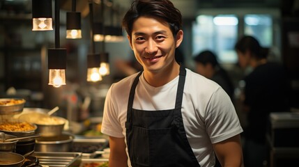 Wall Mural - Portrait of a confident young male chef with a welcoming smile in a bustling professional kitchen setting