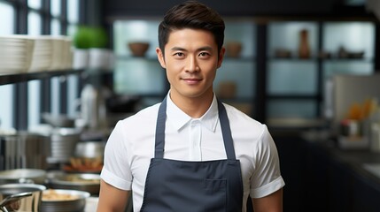 Wall Mural - Portrait of a confident young male chef with a welcoming smile in a bustling professional kitchen setting