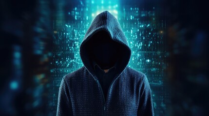 Aufkleber - Abstract image of unrecognizable hacker cyber criminal in hood with dark space and matrix face on blue digital background. Security system cyber attack