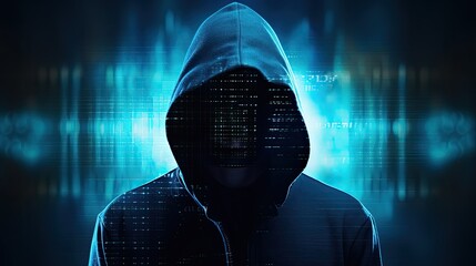 Aufkleber - Abstract image of unrecognizable hacker cyber criminal in hood with dark space and matrix face on blue digital background. Security system cyber attack