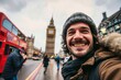 Smiling man taking selfie picture in London, England. Young tourist male taking memory pic with iconic england landmark. Weekend holidays concept, Generative AI