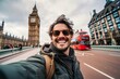 Smiling man taking selfie picture in London, England. Young tourist male taking memory pic with iconic england landmark. Weekend holidays concept, Generative AI