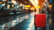 travel suitcase with bokeh lights background. Travel concept.