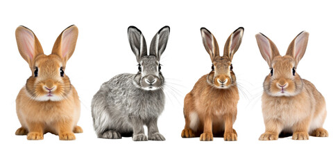 Studio portrait of cute rabbit isolated on transparent png background, happy bunny running on floor, adorable fluffy rabbit that sniffing.