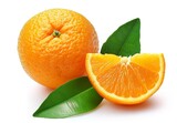 Fototapeta Mapy - Isolated orange fruit with a slice and vibrant green leaves set against a clean white backdrop