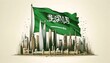 Sketch style illustration of the saudi arabia flag with towers and skyscrapers for flag day celebration.