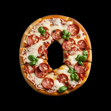 Alphabet O made from pizza on black background, Generative AI