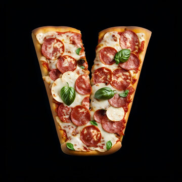 Alphabet V made from pizza on black background, Generative AI