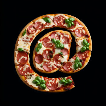 Alphabet made from pizza on black background, Generative AI