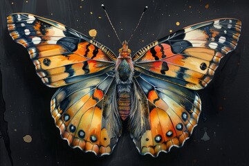 Wall Mural - Vibrant and delicate, the winged pollinator floats gracefully, its black and orange speckled wings adding a burst of color to the garden