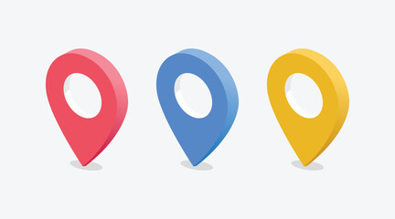 Poster - set of three pins in red, blue and yellow for maps and navigation systems to mark current location. 