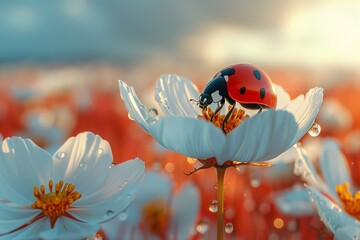 Wall Mural - A vibrant ladybug perches on a delicate flower petal, embodying the beauty and wonder of nature's tiny creatures in the great outdoor sky