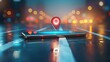 Mobile map navigation technology. Point on smartphone with GPS navigation icon and map on blur traffic road abstract background