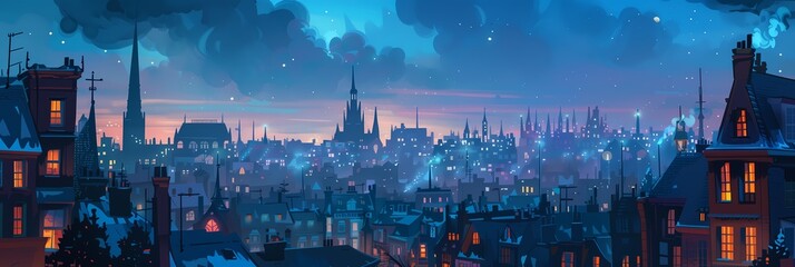 Wall Mural - Night City Landscape Background Panorama Concept Drawing image HD Print 15232x5120 pixels. Neo Game Art V10 24