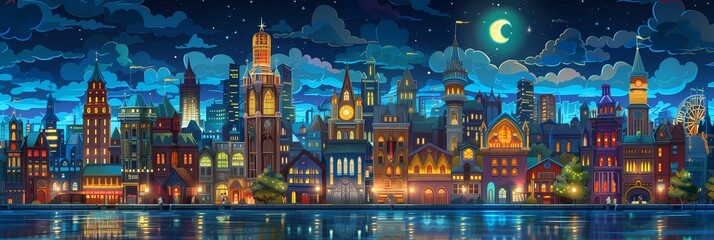 Wall Mural - Night City Landscape Background Panorama Concept Drawing image HD Print 15232x5120 pixels. Neo Game Art V10 5