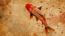 Vintage Traditional Japanese Painting, Koi Fish . Painting On Old Paper. Generative AI.