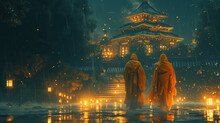 Mystical Temple Walk In The Rain By Two Buddhist Monks