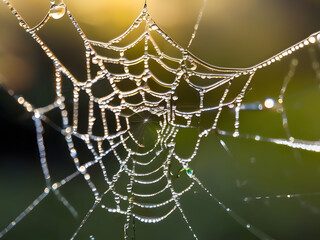  A macro shot of dewdrops on a spiderweb, catching the morning light