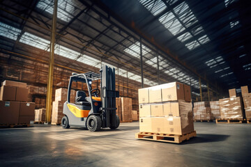 Wall Mural - Forklift for transporting and lifting loads. Pallets with boxes and containers in a goods warehouse.