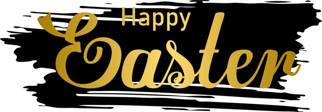 Golden Colored happy easter luxurious lettering design on black paint brush stroke frame