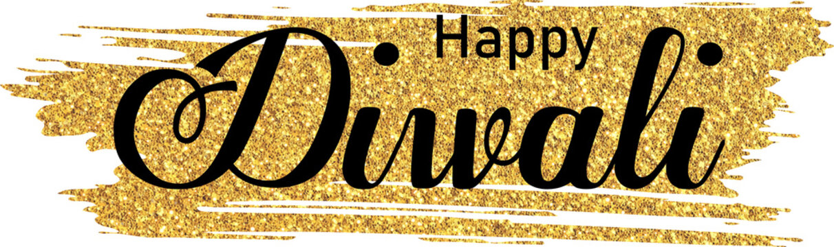 Black Colored happy diwali luxurious lettering design on golden glitter paint brush stroke frame