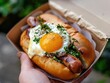 handheld grilled sausage hotdog with fried egg served inside of a food box  . generative ai