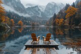 Fototapeta  - Amidst the peacefulness of an autumn landscape, two chairs sit on a dock overlooking a fog-covered lake, offering a serene spot to sit and reflect on the majestic mountain and vibrant trees surroundi