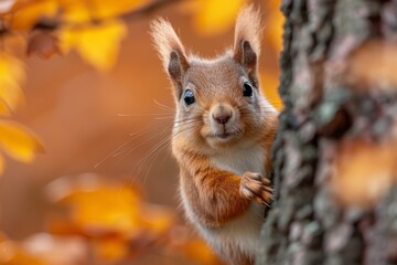 Amidst the vibrant colors of autumn, a curious mammal with a fluffy tail peers out from the safety of a tree, embodying the playful and adventurous spirit of the outdoors