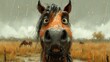 Rainy Day Horse, Surprised Horse in the Rain, Wet Horse Staring at Camera, Horse with Open Mouth in Rain.