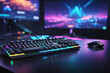 © Eduardo Accorinti - Gamer background, modern high-tech gaming setup with RGB lights on desk, gamer keyboard and mouse with multiple screens in the background, streaming setup