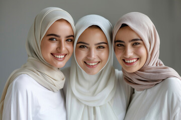 Wall Mural - Arab women wearing white t-shirt smile having a good time together