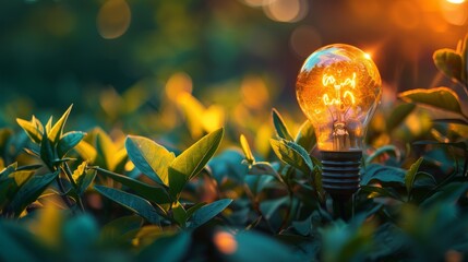 Light bulb and green plants, symbolizing green energy, sustainability and reusability. Ecological attitude toward combating climate change. Eco-Friendly Energy Concept. Generative ai