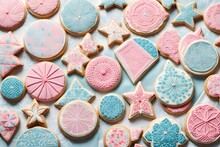 Candy Background, Indulge In The Whimsical Charm Of Cookies Adorned With Icing In A Vintage Quilt Pattern, Featuring Shades Of Blue And Pink