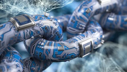 Poster - Blockchain technology concept. Chain in form of pc circuit board with cpu