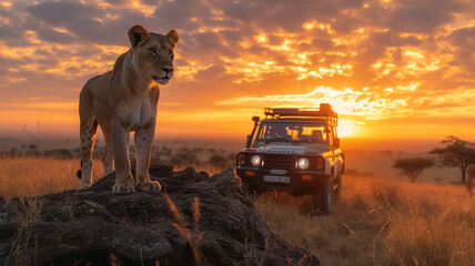 a lion (panthera leo), sitting on an old tree trunk in the seringetti, ai generated