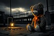 A fluffy teddy bear, with its gentle eyes, sits lonely on the city ground, lost in thought. Beside it, a glowing lamp sheds a warm light, enveloping the scene in a cozy and nostalgic ambiance.