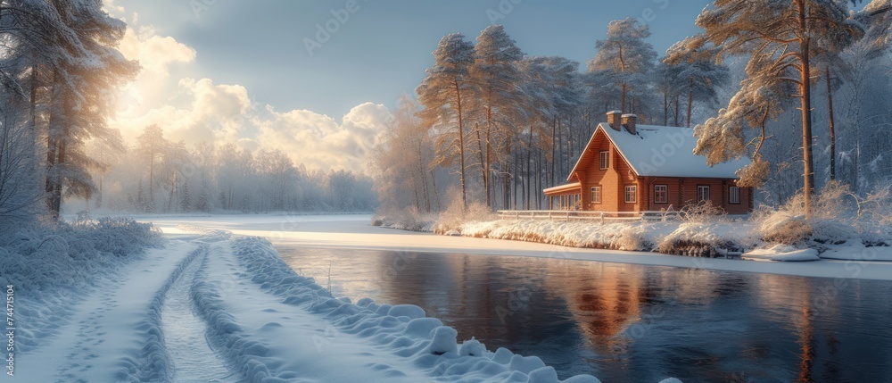 Winter Scenery with a Cabin by the Lake, Snowy Path Leading to a Cozy ...