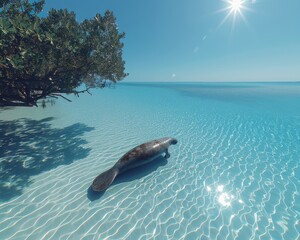 Wall Mural - Manatee Floating Peacefully in Sunlit Clear Blue Waters Near a Tropical Mangrove Shoreline