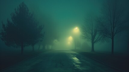 Sticker - a foggy road at night with a street light in the middle of the road and trees on both sides of the road.