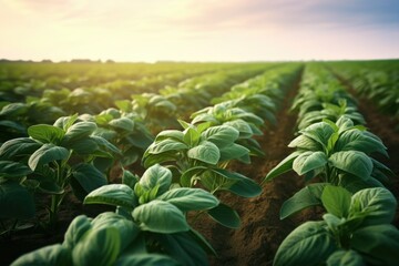 Poster - A field of green plants with a blue sky in the background. Suitable for nature and agriculture concepts