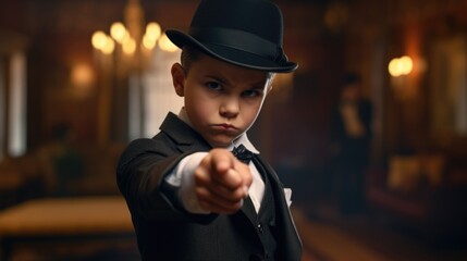 Poster - A young boy in a suit and hat pointing at the camera. Suitable for business or educational concepts