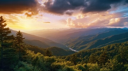 Canvas Print - Beautiful sunset over distant mountains, ideal for nature and landscape designs