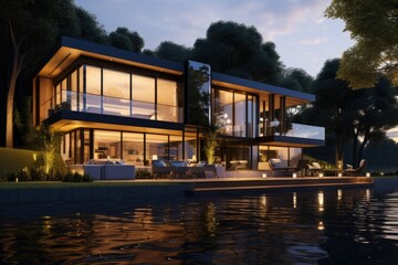 Aufkleber - A large modern house situated on top of a peaceful lake. Ideal for real estate and architecture concepts