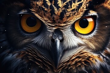 Poster - Close up of an owl's face with yellow eyes. Suitable for nature and wildlife themes