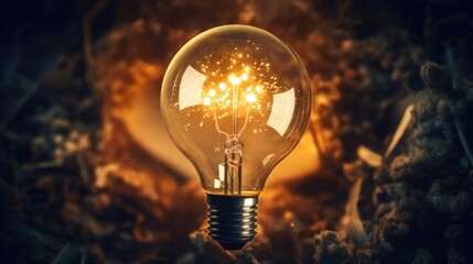 Poster - A glowing light bulb resting on a pile of leaves. Ideal for environmental concepts