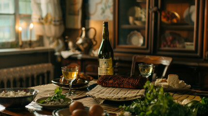 Dining table with wine, cheese and bread in the rustic style