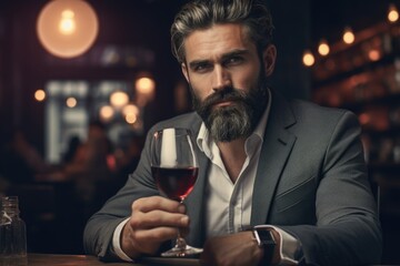 Wall Mural - A man sitting at a table with a glass of wine. Suitable for restaurant or wine-related designs