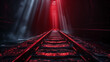Railway tracks in the dark with red light. 3d rendering
